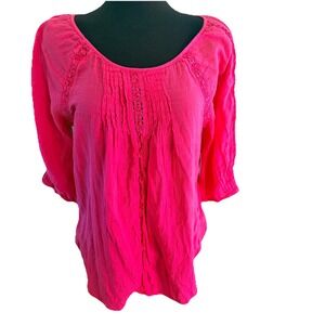Nine West Blouse Womens L Crochet Boho Peasant Top 3/4 Sleeve  Fuchsia